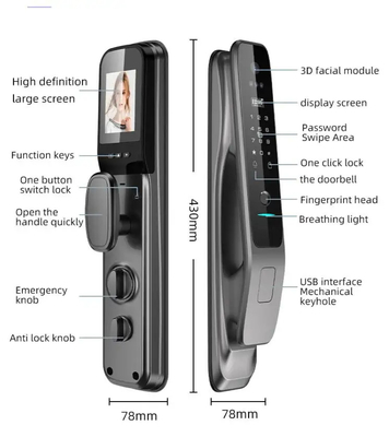 Lotnictwo Aluminiowe Stopy Rozpoznawanie twarzy Smart Door Lock Cloud Data Storage
