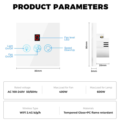 Glomarket Tuya Wi-Fi Fan Light Switch Touch 3 w 1 Switch 5 Prędkość regulacji Sufit Fan Switch For Alexa Google Home