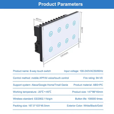 Glomarket Smart Home 8 Gang Wall Switch US Standard Tuya Voice APP Telekomanda bezprzewodowa Touch Wall Light Switch